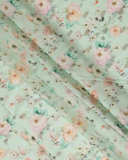 Aqua Green Viscose Blended Fabric with Peach and White Floral Embroidery, 110 cm Width-D20443