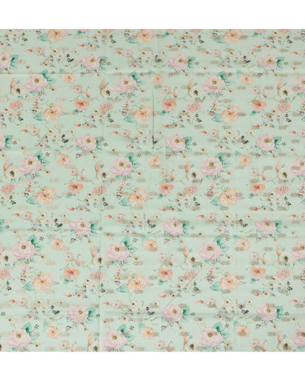 Aqua Green Viscose Blended Fabric with Peach and White Floral Embroidery, 110 cm Width-D20443