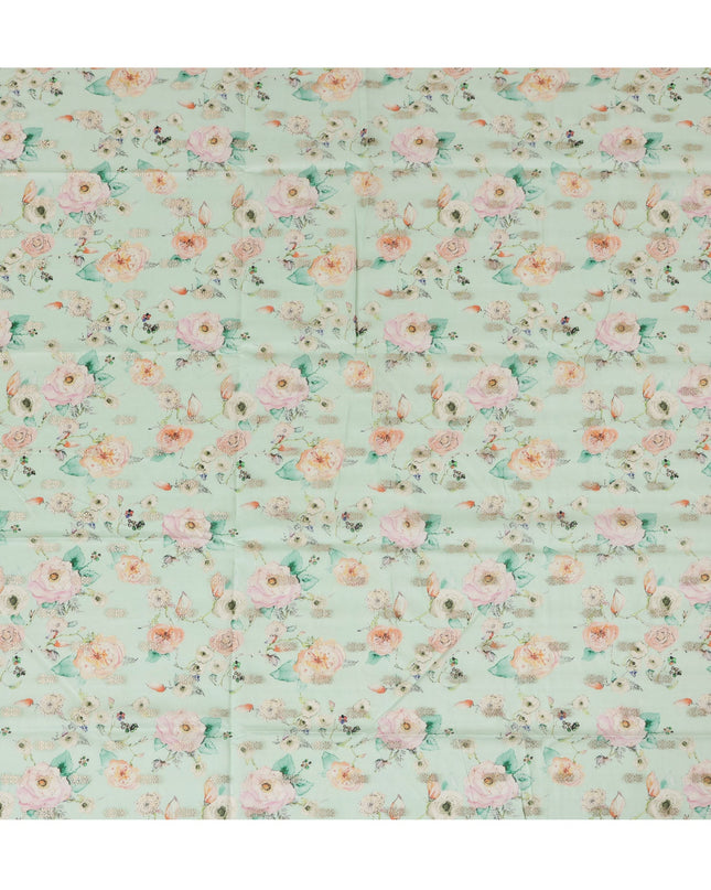 Aqua Green Viscose Blended Fabric with Peach and White Floral Embroidery, 110 cm Width-D20443