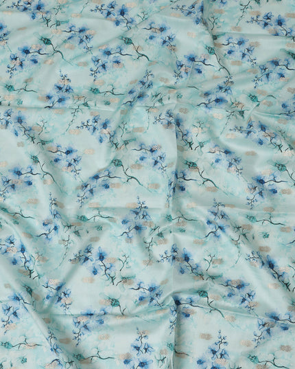 Sky Blue Viscose Blended Fabric with Blue and White Floral Embroidery, 110 cm Width-D20444