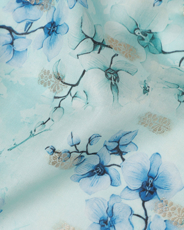 Sky Blue Viscose Blended Fabric with Blue and White Floral Embroidery, 110 cm Width-D20444