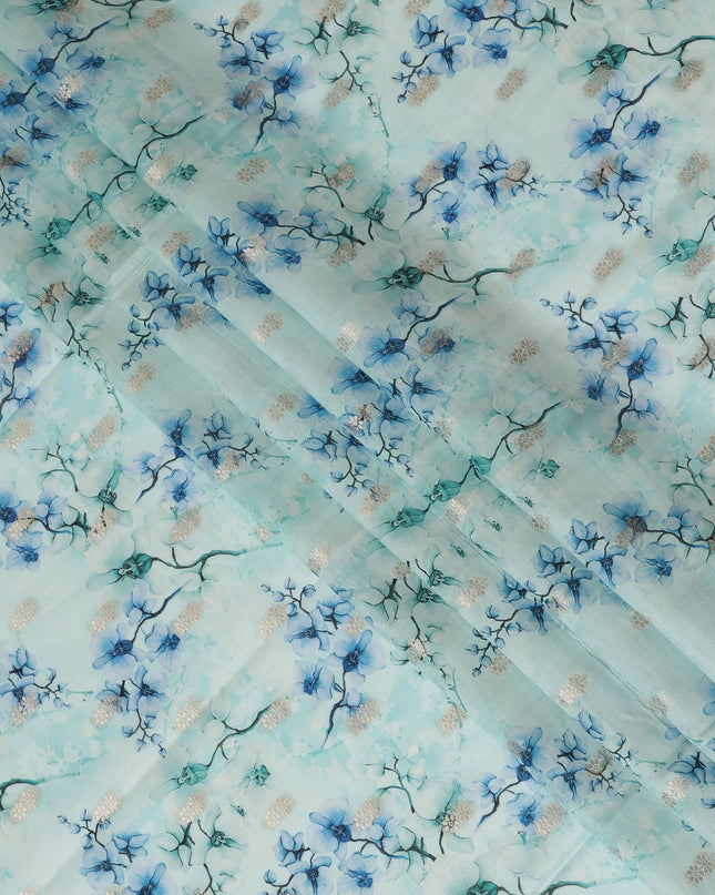 Sky Blue Viscose Blended Fabric with Blue and White Floral Embroidery, 110 cm Width-D20444