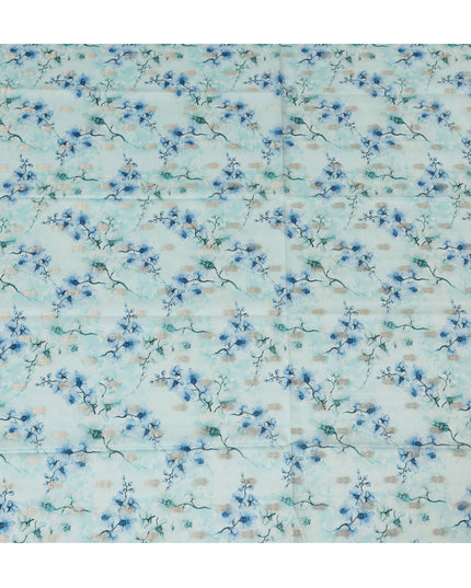 Sky Blue Viscose Blended Fabric with Blue and White Floral Embroidery, 110 cm Width-D20444