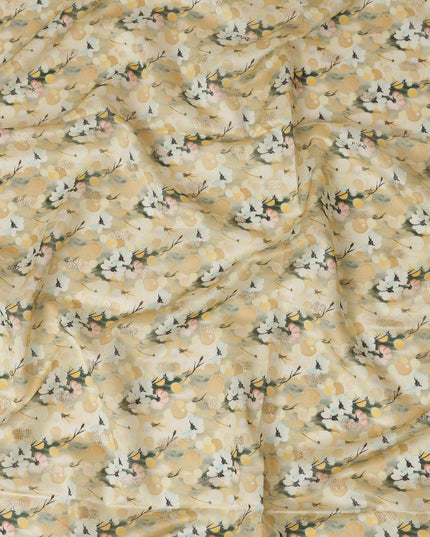 Cream Viscose Blended Fabric with White and Yellow Floral Embroidery, 110 cm Width-D20445