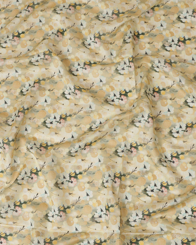 Cream Viscose Blended Fabric with White and Yellow Floral Embroidery, 110 cm Width-D20445