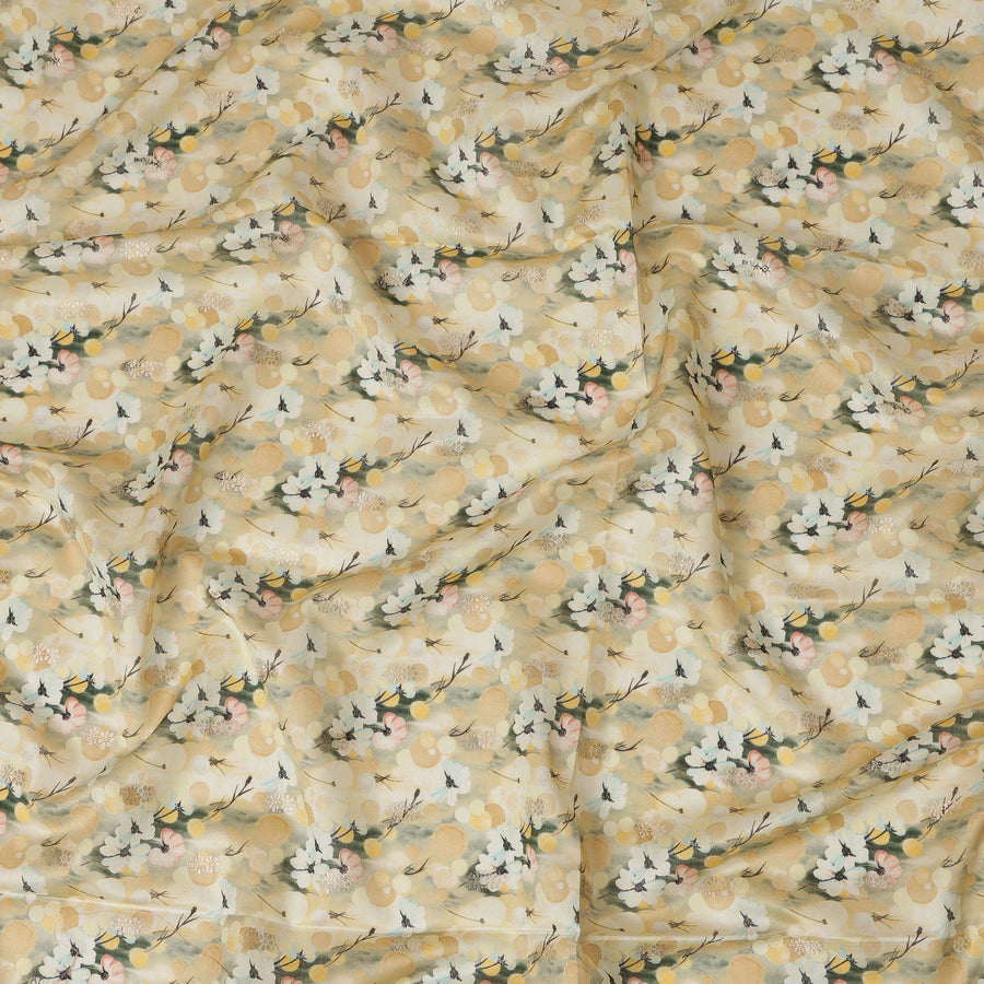 Cream Viscose Blended Fabric with White and Yellow Floral Embroidery, 110 cm Width-D20445