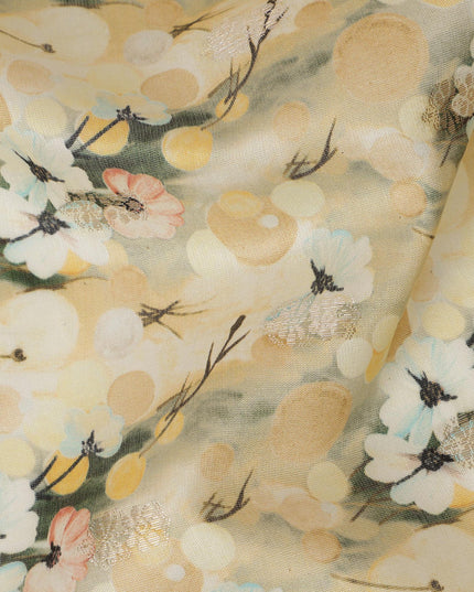 Cream Viscose Blended Fabric with White and Yellow Floral Embroidery, 110 cm Width-D20445