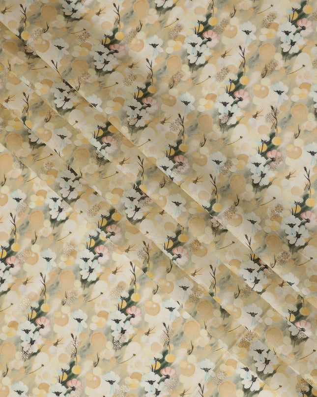 Cream Viscose Blended Fabric with White and Yellow Floral Embroidery, 110 cm Width-D20445