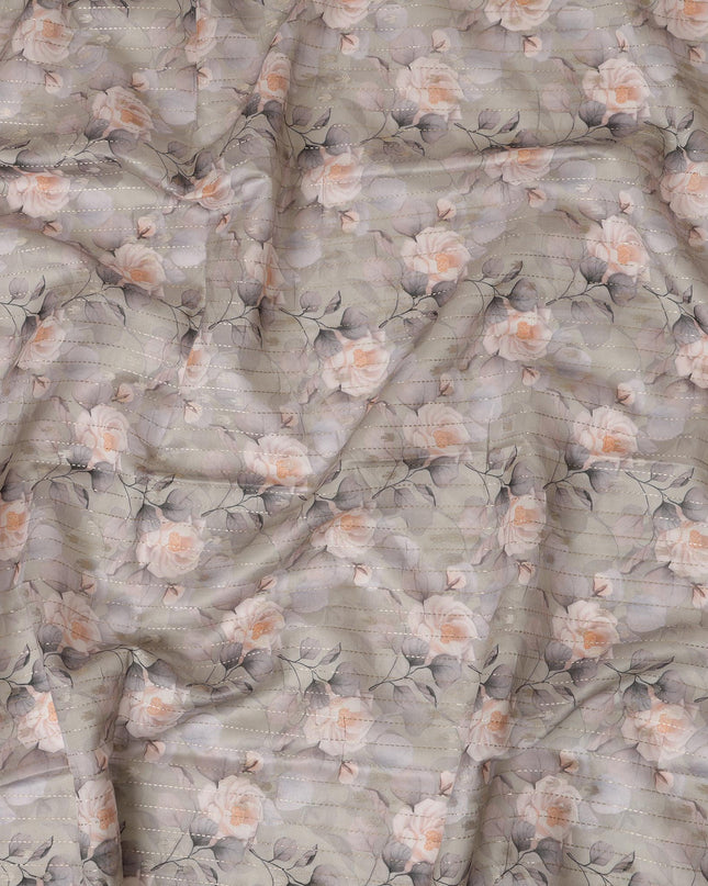 Gray Viscose Blended Fabric with Peach and White Floral Embroidery, 110 cm Width-D20446