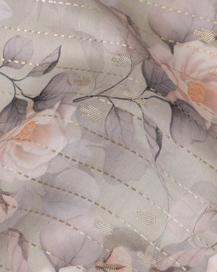 Gray Viscose Blended Fabric with Peach and White Floral Embroidery, 110 cm Width-D20446