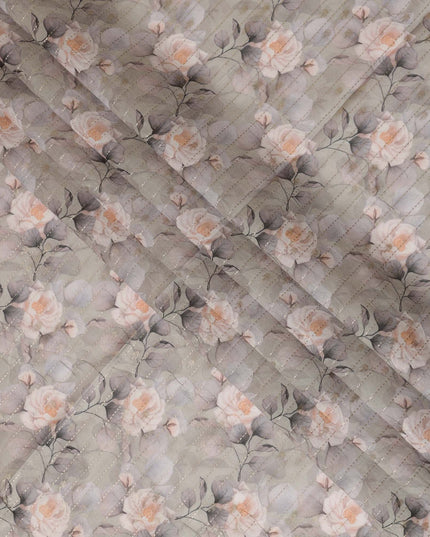 Gray Viscose Blended Fabric with Peach and White Floral Embroidery, 110 cm Width-D20446