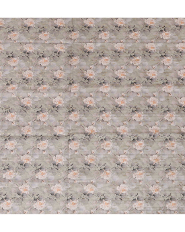 Gray Viscose Blended Fabric with Peach and White Floral Embroidery, 110 cm Width-D20446