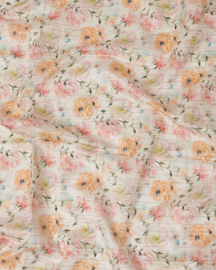 Ivory Viscose Blended Fabric with Peach and Pink Floral Embroidery, 110 cm Width-D20447