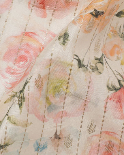 Ivory Viscose Blended Fabric with Peach and Pink Floral Embroidery, 110 cm Width-D20447