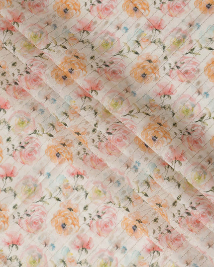 Ivory Viscose Blended Fabric with Peach and Pink Floral Embroidery, 110 cm Width-D20447