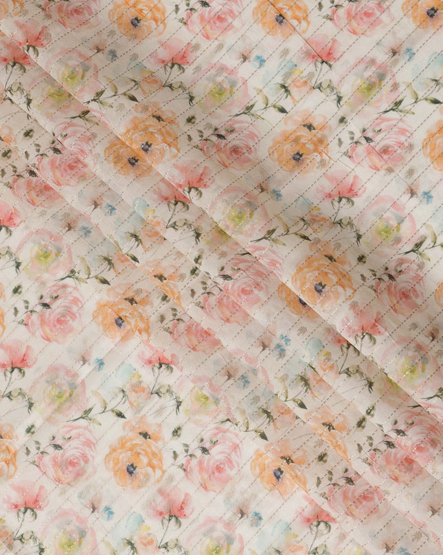 Ivory Viscose Blended Fabric with Peach and Pink Floral Embroidery, 110 cm Width-D20447