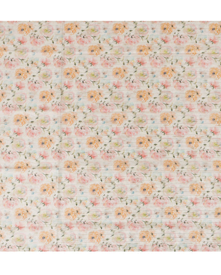 Ivory Viscose Blended Fabric with Peach and Pink Floral Embroidery, 110 cm Width-D20447