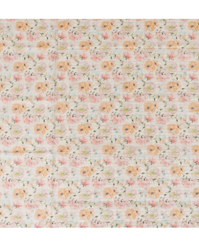 Ivory Viscose Blended Fabric with Peach and Pink Floral Embroidery, 110 cm Width-D20447