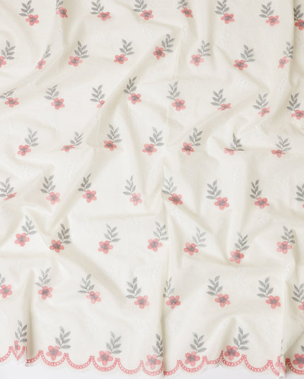 Ivory Cotton Lawn Fabric with Pink and Grey Floral Embroidery, 110 cm Width-D20451