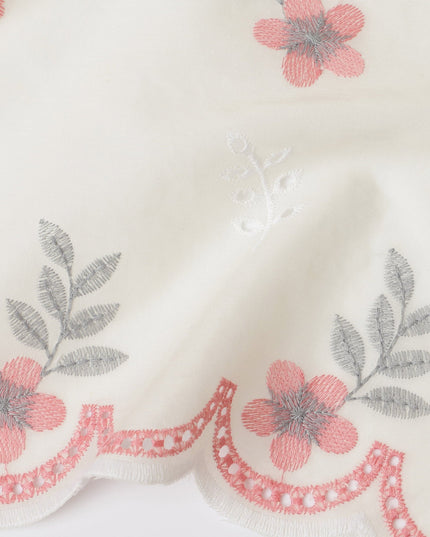 Ivory Cotton Lawn Fabric with Pink and Grey Floral Embroidery, 110 cm Width-D20451