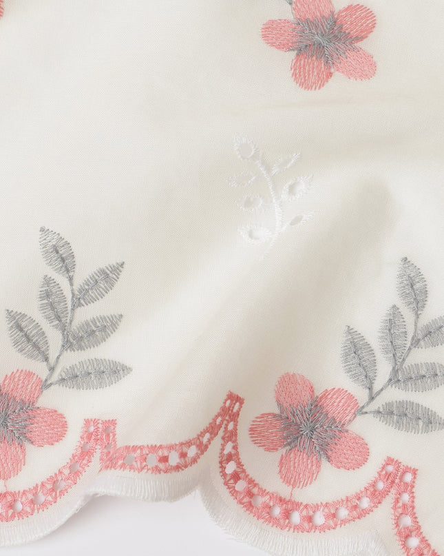 Ivory Cotton Lawn Fabric with Pink and Grey Floral Embroidery, 110 cm Width-D20451