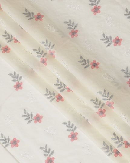 Ivory Cotton Lawn Fabric with Pink and Grey Floral Embroidery, 110 cm Width-D20451