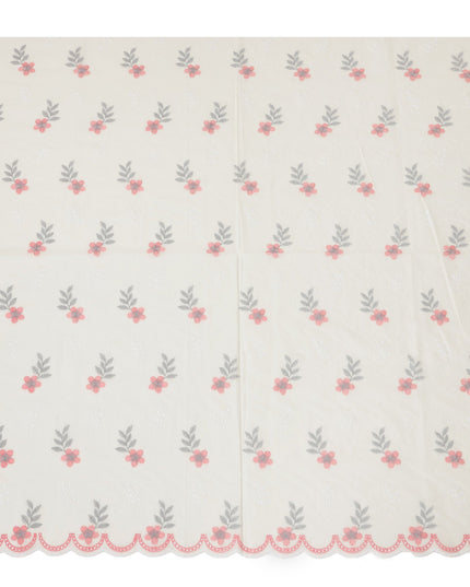 Ivory Cotton Lawn Fabric with Pink and Grey Floral Embroidery, 110 cm Width-D20451