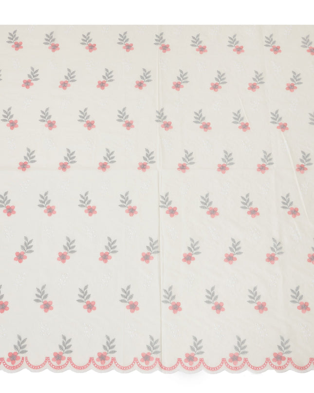 Ivory Cotton Lawn Fabric with Pink and Grey Floral Embroidery, 110 cm Width-D20451