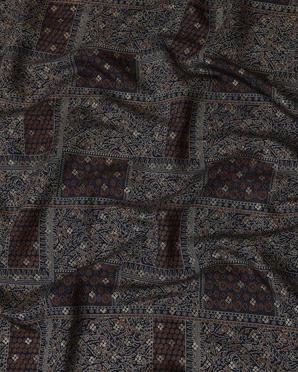 Navy Blue and Brown Viscose Printed Fabric with Floral and Geometric Patterns, 110 cm Width-D20452