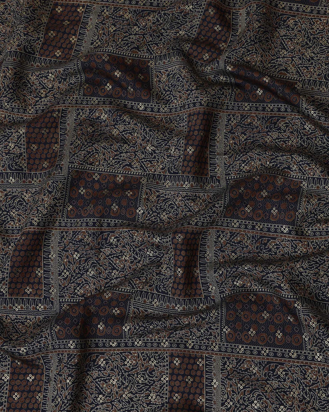 Navy Blue and Brown Viscose Printed Fabric with Floral and Geometric Patterns, 110 cm Width-D20452