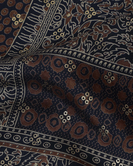 Navy Blue and Brown Viscose Printed Fabric with Floral and Geometric Patterns, 110 cm Width-D20452