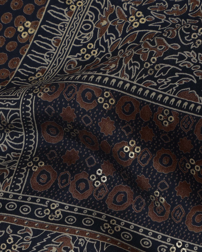 Navy Blue and Brown Viscose Printed Fabric with Floral and Geometric Patterns, 110 cm Width-D20452