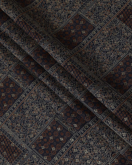 Navy Blue and Brown Viscose Printed Fabric with Floral and Geometric Patterns, 110 cm Width-D20452