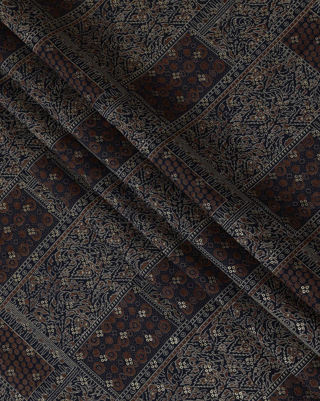 Navy Blue and Brown Viscose Printed Fabric with Floral and Geometric Patterns, 110 cm Width-D20452