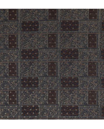 Navy Blue and Brown Viscose Printed Fabric with Floral and Geometric Patterns, 110 cm Width-D20452