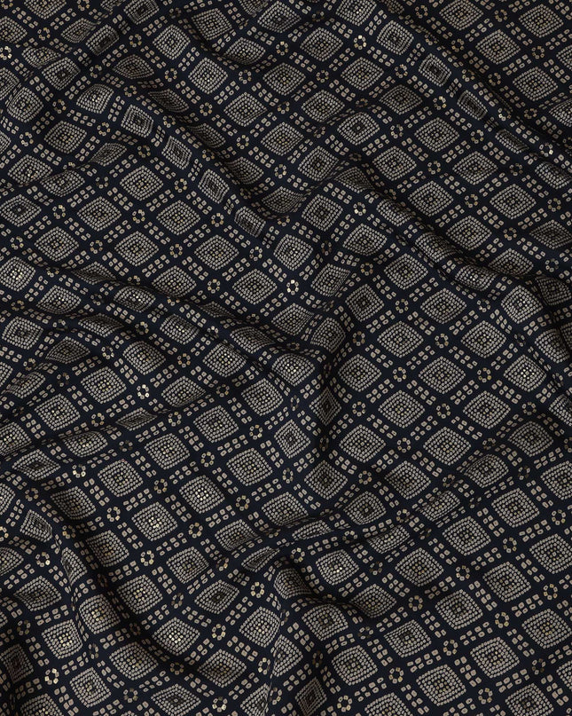 Navy blue and Beige Viscose Printed Fabric with Geometric Design, 110 cm Width-D20453