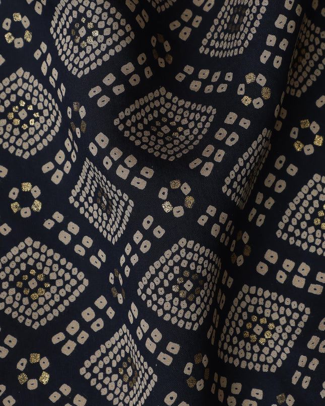 Navy blue and Beige Viscose Printed Fabric with Geometric Design, 110 cm Width-D20453