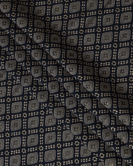 Navy blue and Beige Viscose Printed Fabric with Geometric Design, 110 cm Width-D20453