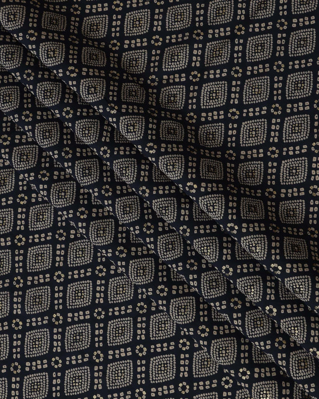 Navy blue and Beige Viscose Printed Fabric with Geometric Design, 110 cm Width-D20453