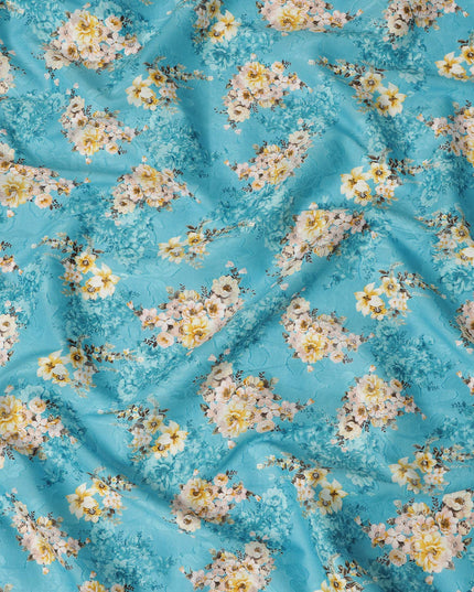 Turquoise Floral Cotton Uragiri Voile Fabric having Jacquard, 110 cm Width-D20566