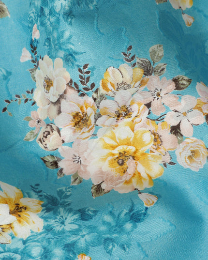 Turquoise Floral Cotton Uragiri Voile Fabric having Jacquard, 110 cm Width-D20566