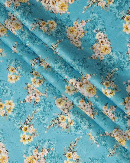 Turquoise Floral Cotton Uragiri Voile Fabric having Jacquard, 110 cm Width-D20566