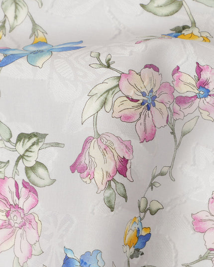 White Floral Cotton Uragiri Voile Fabric having Jacquard, 110 cm Width-D20568