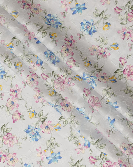 White Floral Cotton Uragiri Voile Fabric having Jacquard, 110 cm Width-D20568