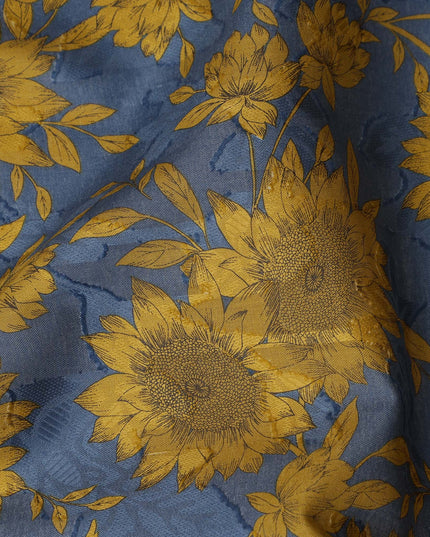 Blue and Mustard Floral Cotton Uragiri Voile with Jacquard, 110 cm Width-D20571