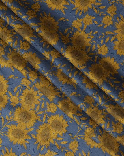 Blue and Mustard Floral Cotton Uragiri Voile with Jacquard, 110 cm Width-D20571