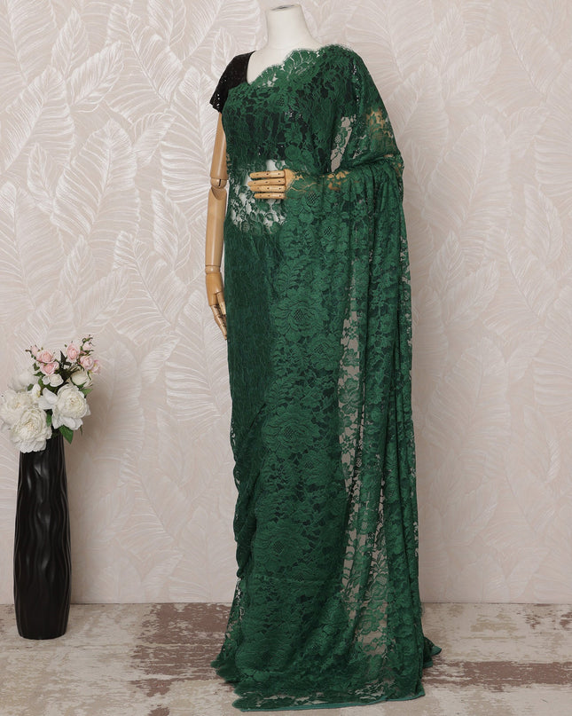 Emerald Green Premium French Chantilly Saree Lace - 5.5 Meters, Floral Design, 110 cm Width-D20742