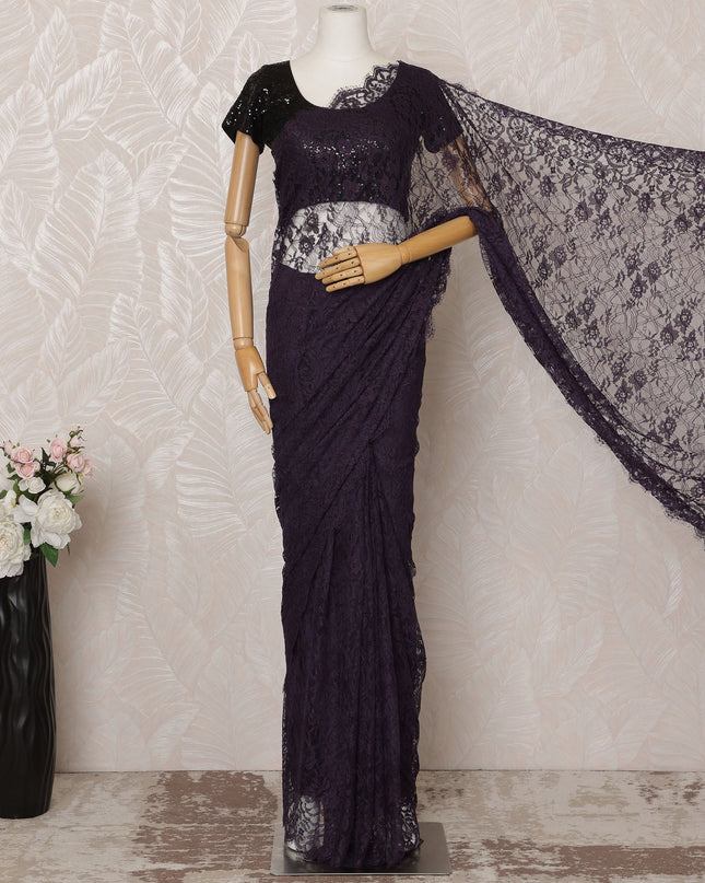 Deep Purple Premium French Chantilly Saree Lace - 5.5 Meters, Floral Design, 110 cm Width-D20743