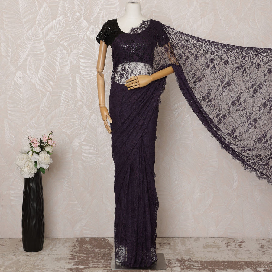 Deep Purple Premium French Chantilly Saree Lace - 5.5 Meters, Floral Design, 110 cm Width-D20743