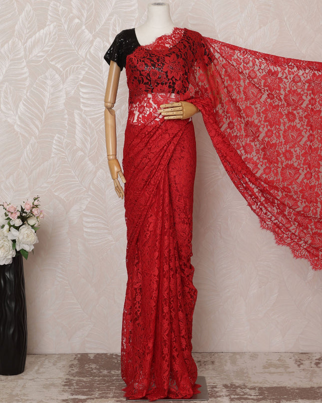 Bright Red Premium French Chantilly Saree Lace - 5.5 Meters, Floral Design, 110 cm Width-D20746